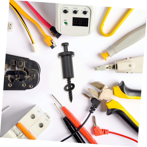 Various electrical tools and connectors on a white background, including a digital meter, screwdrivers, and wiring accessories.