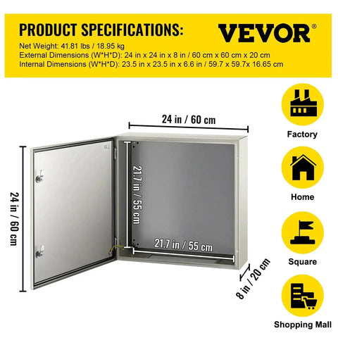NEMA 4X Steel Enclosure 24 By 24 By 8 Inches IP66 Waterproof Dustproof Outdoor Indoor with dimensions and specifications