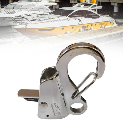 Sliding Anchor Hook With Quick Release And Stainless Steel Construction Supports Up To 8000 LB Universal Fit For Rope From Three Eighths Inch To Five Eighths Inch Ideal For Kayaks Pontoon Boats Durable Marine Anchor Accessory For Easy Secure Mooring, stainless steel hook close-up with boats in background