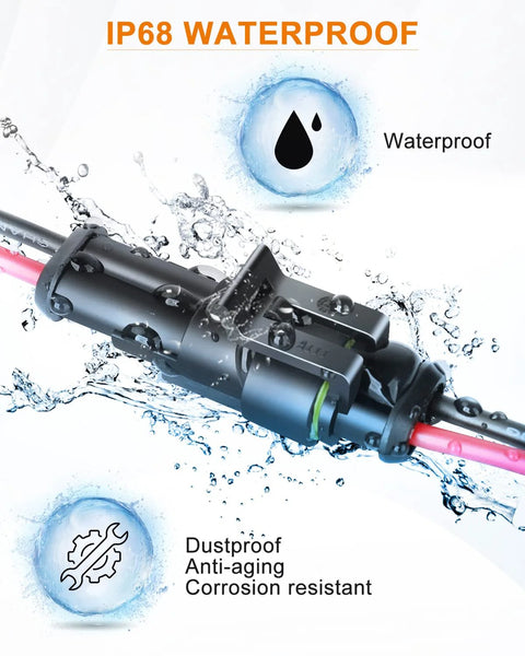 NAOEVO 2-pin waterproof automotive connector set with black plugs, 16 AWG wires and heat shrink tubing (6 kits)