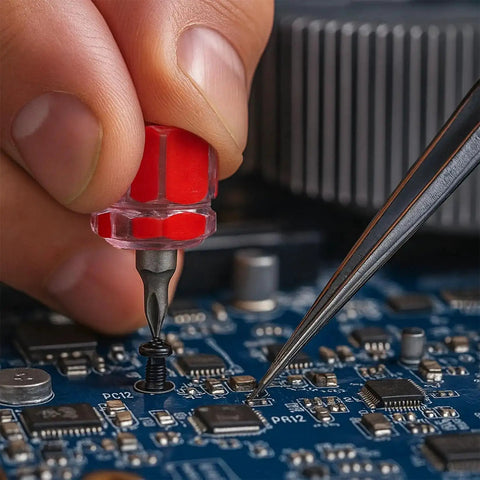Using a precision screwdriver from the 450 Piece Eyewear Repair Kit With Tiny Screws And Screwdriver Perfect For Glasses Sunglasses Watches Jewelry And Electronics Handy Carbon Steel Cross Screws Micro Fix Kit For Specs DIY Repairs on electronics.