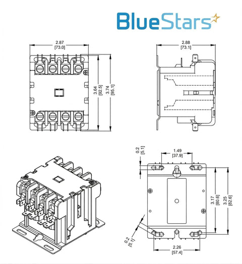 Technical diagram of Ultra Durable Heavy Duty 4 Pole Contactor 40 Amp 120 VAC Coil for relays and HVAC systems by BlueStars