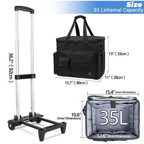 Rolling Teacher Bag With Built In Hard Board And Detachable Trolley Large 35L Storage featuring size dimensions and compartments.