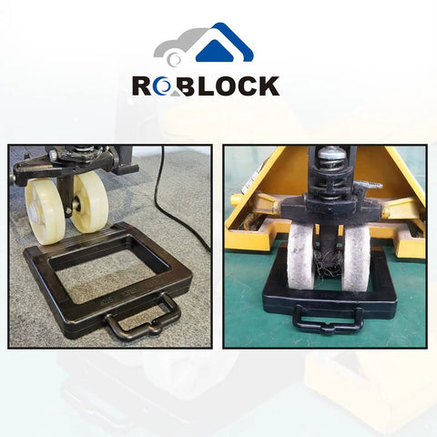 Rubber Pallet Jack Chock Heavy Duty Wheel Stopper For Pallet Jacks And Trucks Stabilizes Wheels For Safer More Efficient Handling 14.2 Inch Length By 11.2 Inch Width By 2 Inch Height Black with jack wheels in place