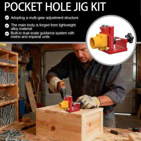 Pocket Hole Jig System With Aluminum Alloy Construction for precise cabinet making; man drilling pocket holes in wood.