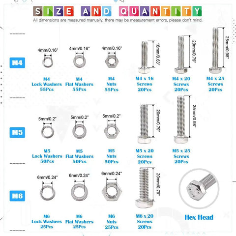 Detailed size chart of 510 Piece Flat Hex Stainless Steel Screw Bolts Nuts Locking Washers And Flat Gasket Washer Assortment Kit