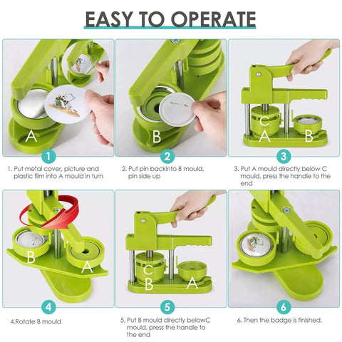 Step-by-step guide showing how to use the Dope 400 Piece Button Maker Supplies Kit For 58mm Round Badges with images of the button making process.