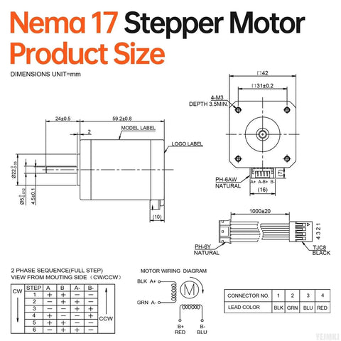 Technical diagram of Nema 17 Stepper Motor dimensions and wiring for 3D printers, CNCs, and robots.