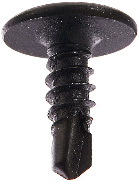 Steel Self Drilling Screw With Black Phosphate Finish, Modified Truss Head For Beefy Wide Low Profile Dome, Phillips Drive, close-up view.