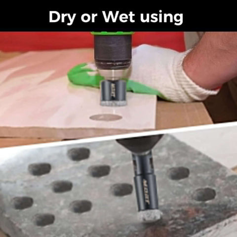 Two Pack Diamond Core Drill Bits Six Millimeter One Quarter Inch Diameter For Porcelain Ceramic Tile Marble Brick With Vacuum Brazed Five Eighths Inch Thread For Angle Grinders And Wet Polishers Tile Hole Saw Kit in use.