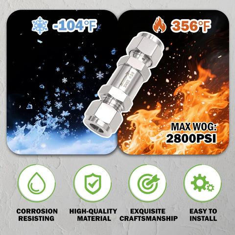Goldpea 304 stainless steel compression check valve, 3/8 in OD, one-way backflow valve for water/oil/gas, 1-pack