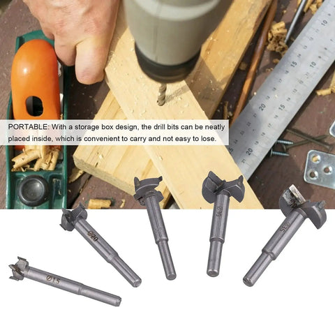 Five Piece Drill Bit Set With Adjustable Positioning Hinge Jig Drill Guide And Hinge Hole Cutter In A Durable Storage Box Includes 15mm 20mm 25mm 30mm And 35mm Boring Bits For Precise Cabinet And Door Hinges displayed with tools on wood
