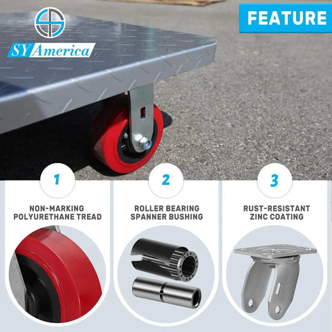 Close-up of 5 Inch By 2 Inch Heavy Duty Industrial Caster Wheels With Polyurethane On Polyolefin Core under a cart.