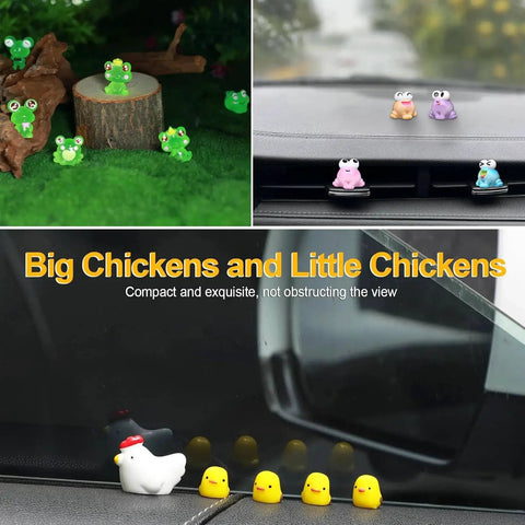 Dashboard with resin giraffe car interior decor set, whimsical animal figures displayed, including frogs and chickens.