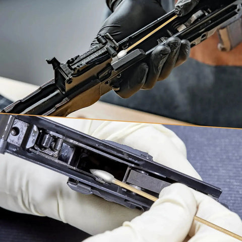 6 Inch FSC Bamboo Cotton Swabs With Precision Tips cleaning firearm and electronics, close-up view with swab in use.