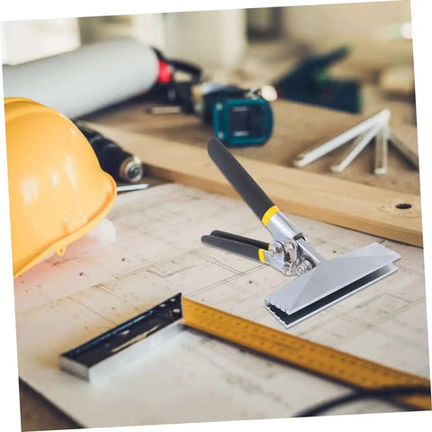 Multifunctional Hand Seamer Tool for ductwork and steel plate folding, shown on a workbench with non-slip handle and all-steel construction.