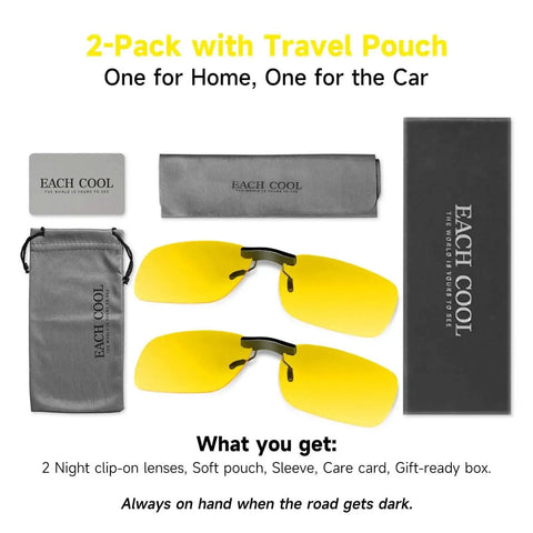 Night Vision Clip On Glasses 2 Pack Polarized Yellow Lens UV400 Anti Glare Driving Clip Over Prescription Glasses 57x40mm with travel pouch