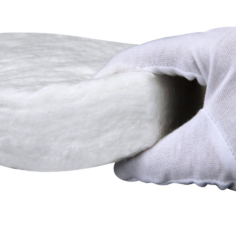 Ceramic fiber blanket, 12 x 24 x 2 in, white insulation held by a gloved hand