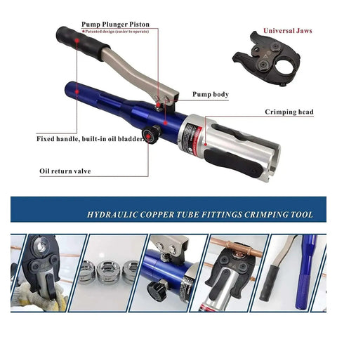 Diagram of Pro Grade Hydraulic Copper Pipe Press Tool With U Th M V Dies For PEX Clamping showing components and features