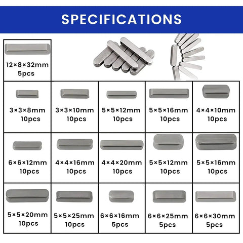 Versatile Pulley Keyway And Drive Shaft Key Set With 140 Pieces In Sizes From 3mm To 12mm shown in various dimensions.