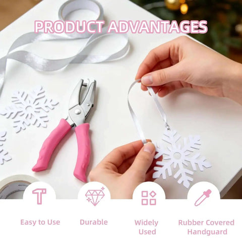 2 Pack One Quarter Inch Hole Punch With Pink Soft Grip For Home Office And Classroom next to crafting materials, showing product advantages.