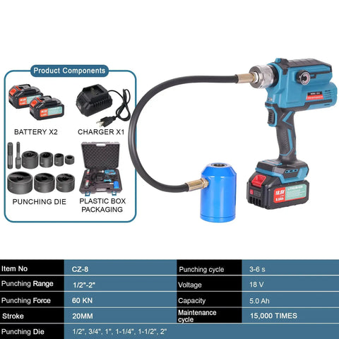EZ8 Battery Hydraulic Knockout Punch Kit with Eight Ton Capacity, charging components, and carrying case for use on various materials.