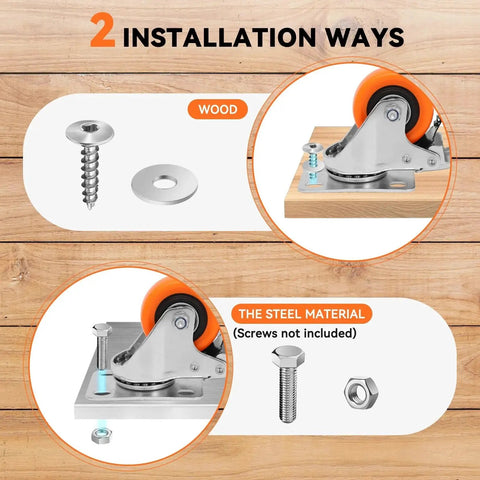 Detailed view of installation methods for Heavy Duty 2 Inch Plate Caster Wheels Set of 4 with Dual Locking Brakes and screws included