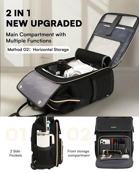 Open Rolling Backpack With Wheels For Women, 2 In 1 Vertical And Horizontal Storage, featuring horizontal storage and side pockets