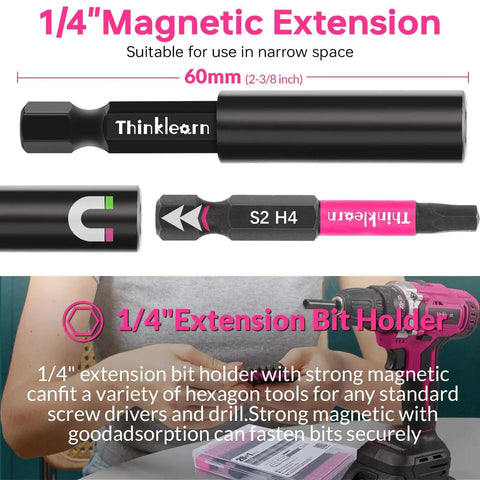 20 Piece Hex Head Allen Wrench Drill Bit Set With Quarter Inch Hex Shank, S2 Steel Bits, Magnetic Tips, pink extension bit holder