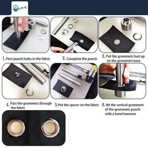 Step-by-step guide using 2Mm Grommet Kit With Punch Pliers Tool And Storage Box for fabric projects, demonstrating installation process.