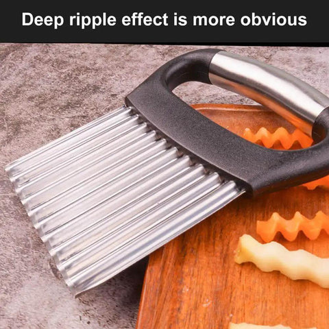 All Purpose Waffle Fry Cutter And Crinkle Cutter For Potatoes Cucumbers Carrots with ergonomic handle and stainless steel blade close-up