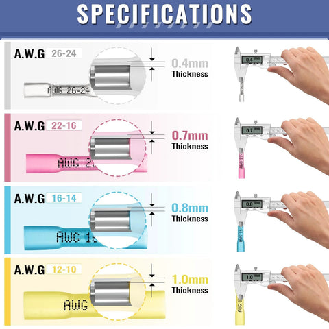 Heat shrink butt wire connectors set with red insulation, shows AWG ranges 26-24, 22-16, 16-14, 12-10 thickness charts