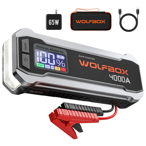 Beast 4000A Jump Starter For 12V Cars And Diesel Engines, 88.8Wh Portable Booster Pack With 65W Quick Charger, LED Display, Built In LED Light, Jumper Cables, 10L Engine Ready WolfBox view from the front showing LED display and jumper cables.