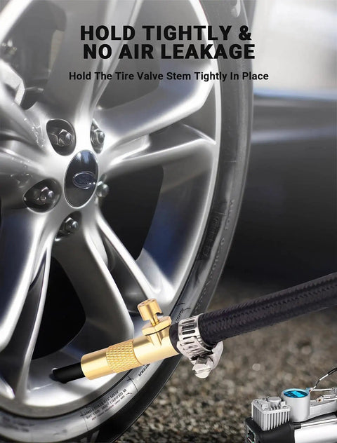2-Pack Screw On Air Chuck With One Quarter Inch Barb End attached to car tire for no air leakage