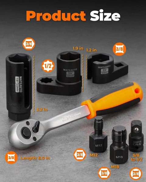 Pro Grade Oxygen Sensor Socket Set With Quick Release Ratchet, 7/8 Inch Offset Sockets, 3/8 and 1/2 Inch Drives, tools on gray background.