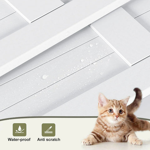 Close-up of waterproof and anti-scratch white MDF wood panel of Double 14 Inch Bifold Barn Doors 28 By 84 Inches, with a cat sitting near.