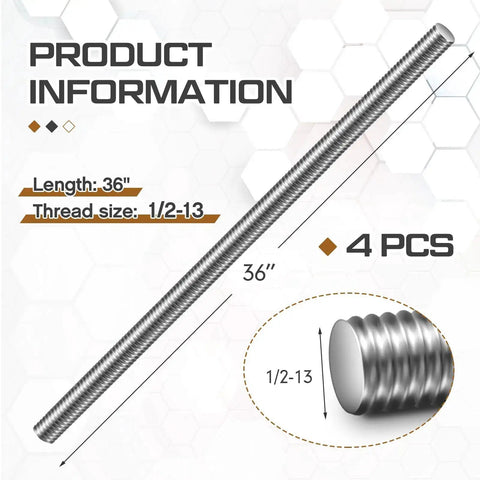 Four Piece Half Inch Fully Threaded Rods 36 Inch 304 Stainless Right Threads in packaging showing size and details