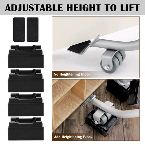 Heavy Duty Furniture Lifter Tool With Sliders And Wheels For Moving Heavy Sofas Refrigerators And Washing Machines Safe To Lift And Roll With Four Raise Blocks And One Lifter Tool Durable Metal Grey shown lifting furniture with height adjustable raise blocks.