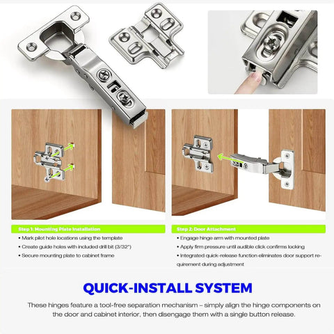 Quick-install system for 10 Pack Soft Close Concealed Cabinet Hinges For European Full Overlay Frameless Cabinets Heavy Duty Adjustable