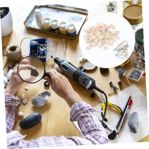 Person using drill with 120-piece Wool Felt Polishing Wheel Set for metal and jewelry finishing on crafting table.