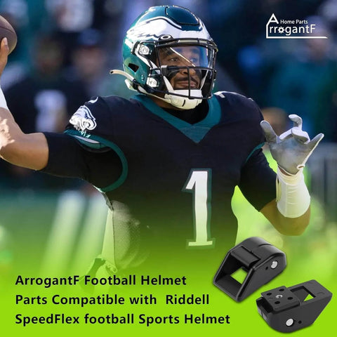 Football player wearing helmet with SpeedFlex Compatible Football Helmet Chin Strap Stabilizer Kit With Thumb Screws And Cam Loc Housings For Youth And Adult Helmets.