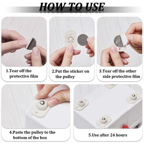 Installation steps for adhesive pulleys on 8-Pack Utility Cart Hardwood Frame Swivel Wheels for stable and easy transport.