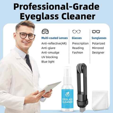 Professional-grade eyeglass cleaner with spray, microfiber pad, and cloth, ideal for multi-coated lenses and sunglasses.