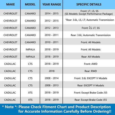 Vehicle compatibility chart listing make, model, year range, and specific details for Chevy Camaro, Impala, Cadillac CTS, XTS.