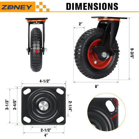 Heavy Duty Casters Set Of 4 With 8X2 Inch Solid Rubber Wheels And Knobby Tread, dimension details with brake and swivel