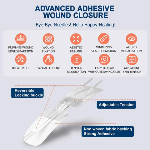 368 Piece Waterproof First Aid Kit In A Compact Hard Case For Home Car Travel Office Boat Hiking And More Ideal Emergency Medical Supplies For Every Situation Must Have Survival Essentials showing advanced adhesive wound closure with features.