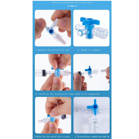 MEETOOT 5pcs disposable medical 3-way stopcock valve kit; blue valve with clear connectors, installation collage