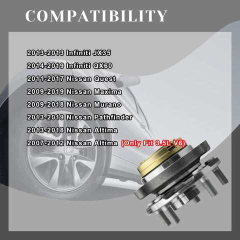 Front Wheel Bearing Hub Assembly 513296 Fits 2007 Through 2019 Nissan Altima Maxima Murano Pathfinder Infiniti JX35 QX60 5 Lug With ABS 1 Piece Replacement Hub Bearing