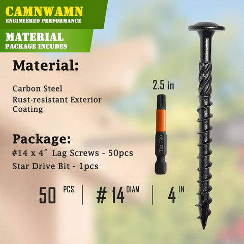 Pack Of 50 Heavy Duty Wood Lag Screws 4 Inch Long 0.171 Inch Thread Black Coated Torx Star Drive With Modified Truss Washer Head And Included T30 Bit