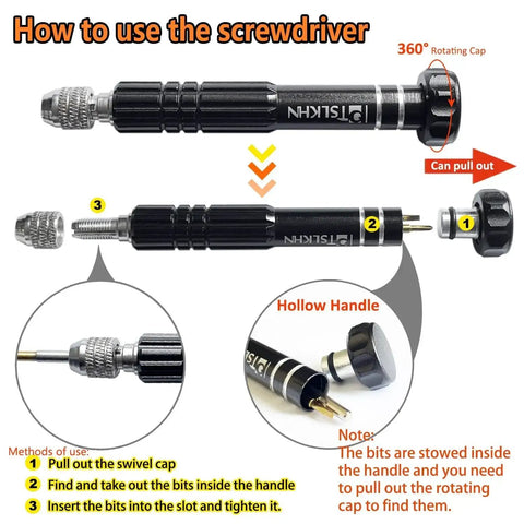 Instructional diagram for Must Have Eyeglass Repair Kit With S2 Steel Precision Screwdriver And 15 Screw Sizes showing screwdriver use.